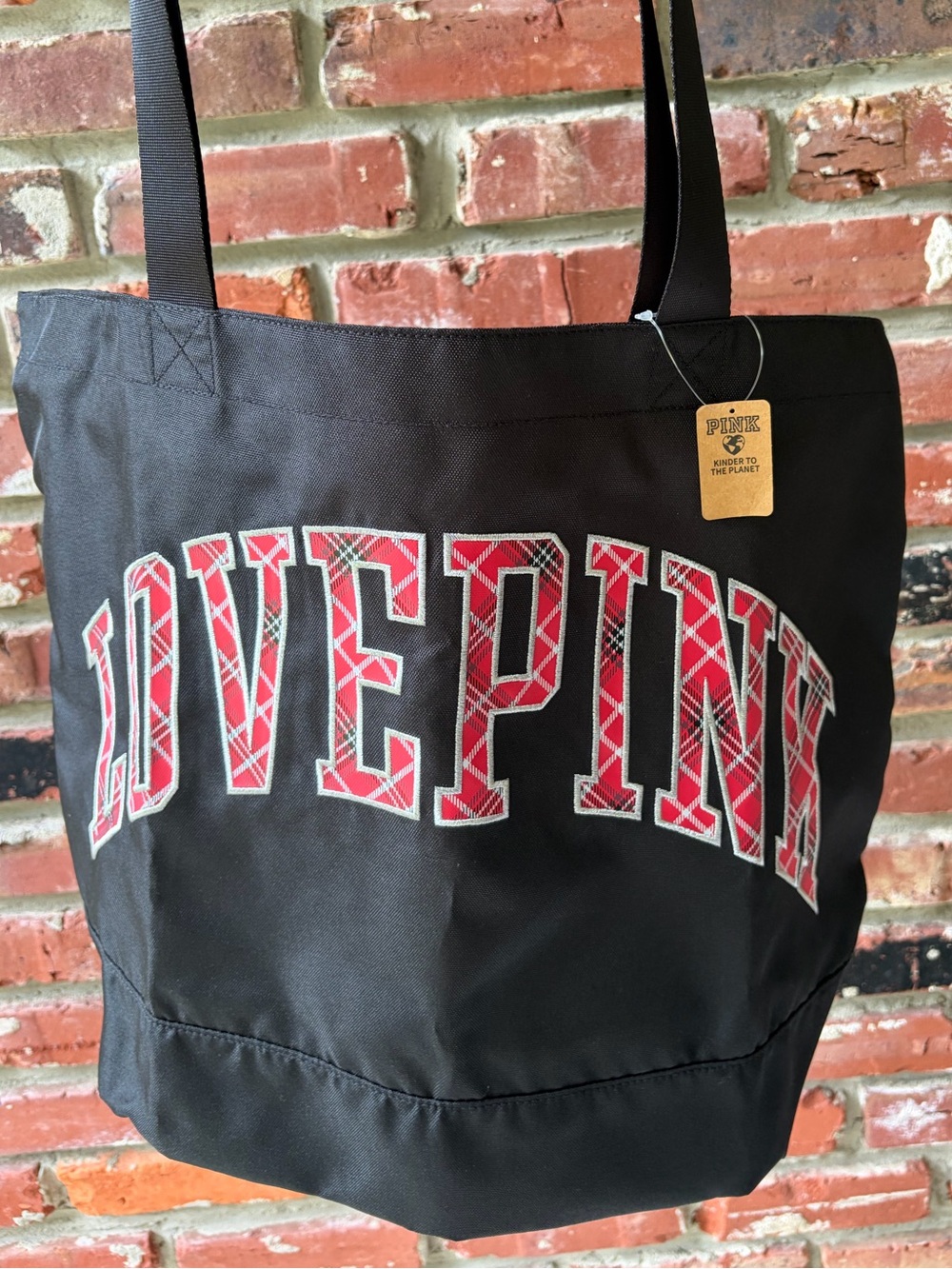PINK Victoria's Secret Black Tote Red Plaid Logo Zip Top NWT